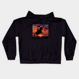 Knight riding on horse at night during sunset Kids Hoodie